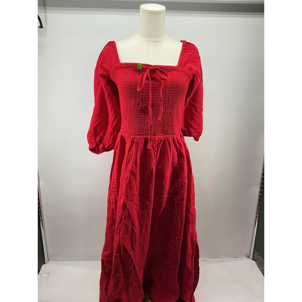 100% Organic Cotton Gauze Smocked Square Neck Midi Dress